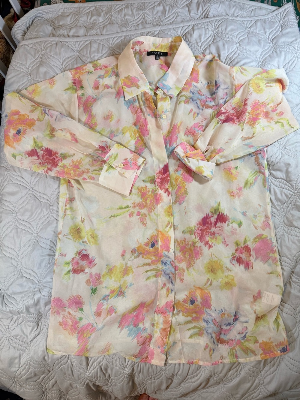 FORE Watercolor Floral Sheer Button Up Blouse Pastel Abstract Long Sleeve Top